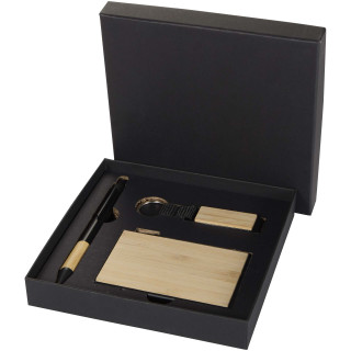 Minka Set mit Kugelschreiber aus RCS Recycling-Aluminium, Schlüsselanhänger und RFID-Kartenhalter, natur, schwarz