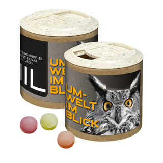 Papier-Werbedose mit XS-Kalfany-Fruchtbonbons, 85 g