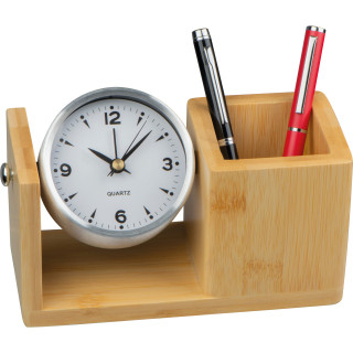 Stifteköcher aus Bambus mit analoger Uhr, beige