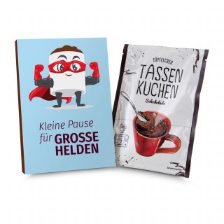 Geschenkartikel / Präsentartikel: Tassenkuchen Schokolade 70 g, Pause für große Pflegehelden