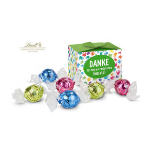 Geschenkartikel / Präsentartikel: Lindt süßes Danke, Pralinenschachtel mit bunten Händen, 5 Lindorkugeln für Ihre Mitarbeiter