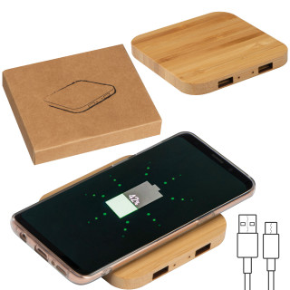 Wireless Charger aus Bambus mit 2 USB Hubs ROMAN, beige