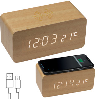 Schreibtischuhr mit intergriertem Wireless Charger, beige
