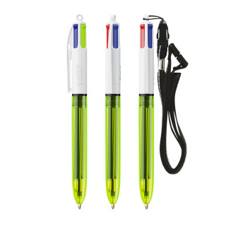 BIC® 4 Colours® Fluo with lanyard ballpen, transparent gelb