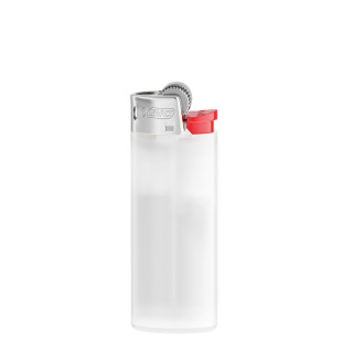 BIC® J25 Feuerzeug, Corpus transparent weiß, Boden weiß, Drücker rot, Kappe Chrom