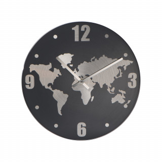 Wanduhr aus Aluminium mit Weltkarte in Hintergrund, grau