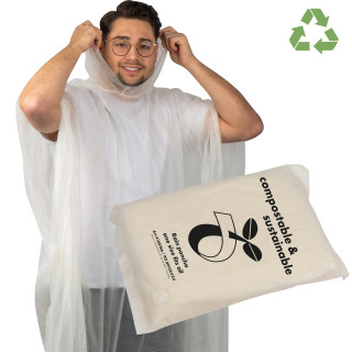 Regenponcho aus PLA in einer Tragetasche - kompostierbar, transparent