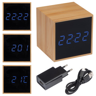 Tischuhr mit schwarzem Display und blauer LED Anzeige, beige