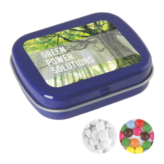 Scharnierblechdose mit Minties oder Fruchtherzchen, Digitaldruck, dunkelblau