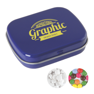 Scharnierblechdose mit ca. 25 g Schokolinsen, dunkelblau