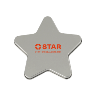 Metalldose in Sternform mit ca. 12 g Schokolinsen, silber