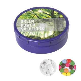 Runde Click-Blechdose 45 mm, mit Schokolinsen, extra strong NL-Minties `Triangle` oder Jelly Beans, Digitaldruck, dunkelblau