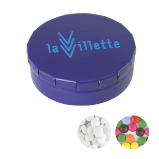 Runde Click-Blechdose 45 mm, mit NL-Minties oder Fruchtherzchen, vegan, dunkelblau