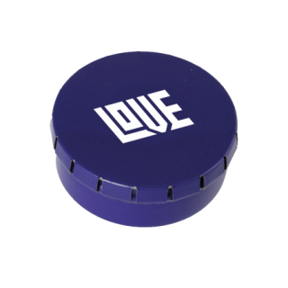 Runde Click-Blechdose mit ca. 25 g Schokolinsen, dunkelblau