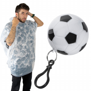 Regenponcho in einer Kunststoffkugel in Fußballoptik, mehrfarbig
