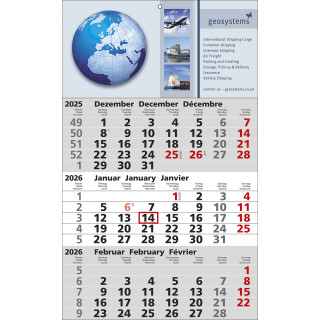 Papierwandkalender mit 3 Monaten auf einer Seite, 3-sprachig (D, GB, F) deutsche Feiertage, grau