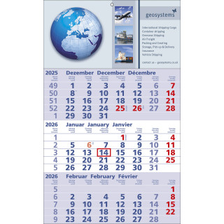 Papierwandkalender mit 3 Monaten auf einer Seite, 3-sprachig (D, GB, F) deutsche Feiertage, blau