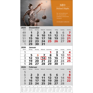 3-Monats-Einblattkalender, grau, 1-sprachig (D), Jahreskalendarium auf Fußleiste