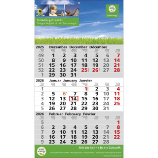 Papierwandkalender mit 3 Monaten auf einer Seite + Werbemöglichkeit auf Fußleiste, 3-sprachig (D,GB,F), dt. Feiertage, grau