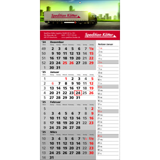 Papierwandkalender mit 4 Monaten auf einer Seite und Notizspalte für Einträge, deutsch-sprachig
