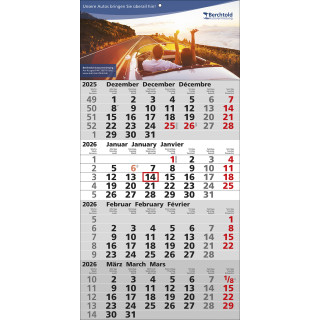 Papierwandkalender mit 4 Monaten auf einer Seite, 3-sprachig (D,GB,F), deutsche Feiertage, grau