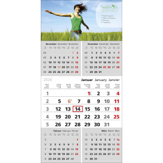 Papierwandkalender mit 5 Monaten auf einer Seite, 3-sprachig (D,GB,F), deutsche Feiertage, grau