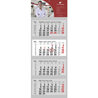 Papierwandkalender mit 4 Monaten auf 4 einzelnen Blöcken, Druck auf angehefteter Kopflasche, 4-sprachig (D, GB, F, NL), grau