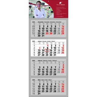 Papierwandkalender mit 4 Monaten auf 4 einzelnen Blöcken, Druck auf angehefteter Kopflasche, 4-sprachig (D, GB, F, NL)
