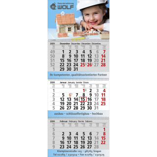 Papierwandkalender mit 3 Monaten auf 3 einzelnen Blöcken, mit Wire-O-Bindung, 4-sprachig (D,GB,F,E), grau