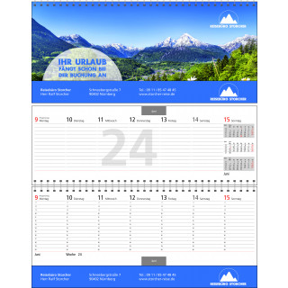 Tischquerkalender mit 3 Monatsübersicht, 1 Woche auf 2 Seiten, Terminuhrzeiten von 7-20 Uhr , 1-sprachig deutsch, mit Monatskennzeichnung, ca. 128 Seiten