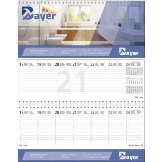Tischquerkalender mit 3 Monatsübersicht, 1 Woche auf 2 Seiten, Terminuhrzeiten von 7-20 Uhr, 6-sprachig (D, GB, F, I, E, NL) dt. Feiertage ca.128 Seiten, grau