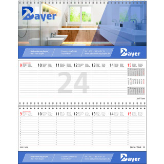 Tischquerkalender mit 3 Monatsübersicht, 1 Woche auf 2 Seiten, Terminuhrzeiten von 7-20 Uhr , 6-sprachig (D, GB, F, I, E, NL) dt. Feiertage ca.128 Seiten
