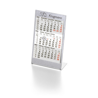 Tisch-Aufstellkalender aus Edelstahl mit Magnetring, 12 Blatt, 1 Jahr, 3 Monate auf 1 Blatt, 3-spr. (D,GB,F), in Einzelverpackung aus Vollpappe, grau