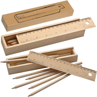 Holzbox mit Buntstiften u. Lineal
