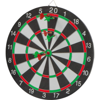 Dartscheibe mit Pfeilen, mehrfarbig