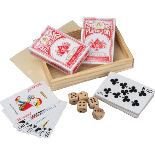 Spielkarten in Holzbox mit Würfel, beige