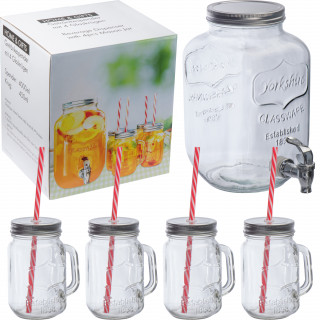 Set aus Getränkespender und 4 Glaskrügen, transparent