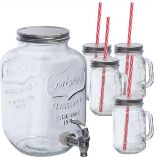 Set aus Getränkespender und 4 Glaskrügen , transparent