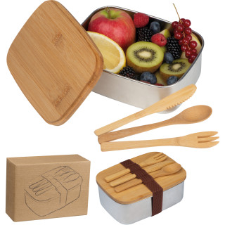 Große Brotzeitbox mit Bambusdeckel und elastischem Band JULIANA, beige