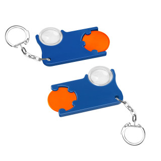Chiphalter mit 1€-Chip und Lupe mit Gliederkette, Chiphalter: blau, Chip: orange