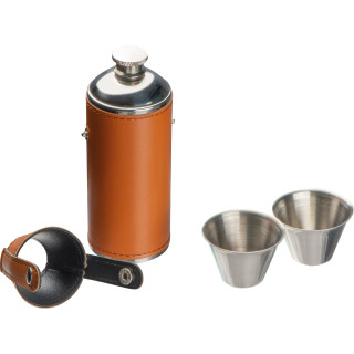 Flachmann aus Edelstahl mit 2 Pinnchen, braun