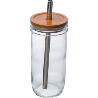 Glasbecher mit Bambusdeckel und Trinkhalm, transparent
