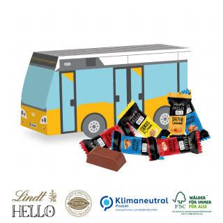 3D Präsent Bus, Klimaneutral - 8 Stück (ca. 80 g) Lindt „HELLO“ Mini Stick Mix