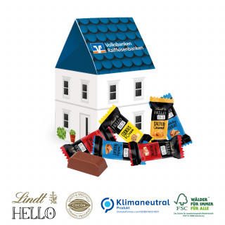 3D Präsent Haus, Klimaneutral - 8 Stück (ca. 80 g) Lindt „HELLO“ Mini Stick Mix