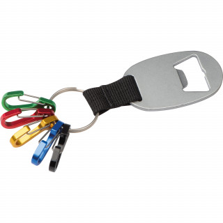 Schlüsselanhänger mit Flaschenöffner und 5 Minikarabinern, mehrfarbig