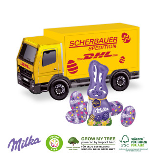 3D-Präsent mit Milka Alpenmilch-Eier und Milka Osterhase - LKW