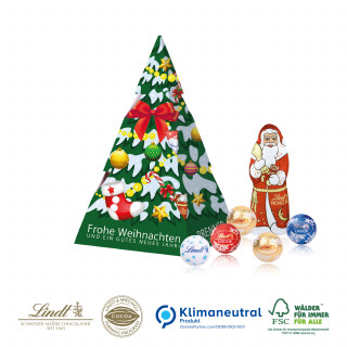 Präsent „Weihnachtsbaum“, Klimaneutral - Schokoladenmischung (ca. 65 g) aus 12 Stück Lindt „Minis“ und einem Lindt Nikolaus