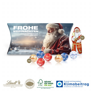 Kissenverpackung „Creative“ - 12 Stück Lindt Minis (ca. 55 g) und ein zartschmelzender Lindt Weihnachtsmann (10 g)