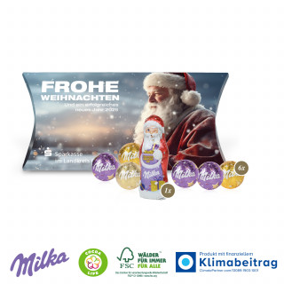 Kissenverpackung „Creative“ - 6 Stück (ca. 48 g) Milka Kugeln und ein Milka Weihnachtsmann (ca. 15 g)