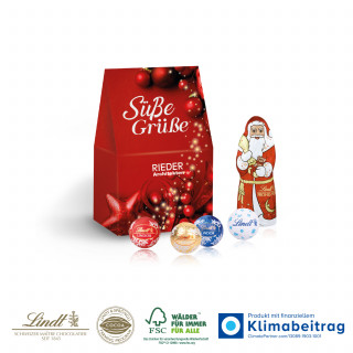 Präsent „Christmas Minis“ - 4 Stück Lindt Minis (ca. 20 g) und ein zartschmelzender Lindt Weihnachtsmann (10 g)